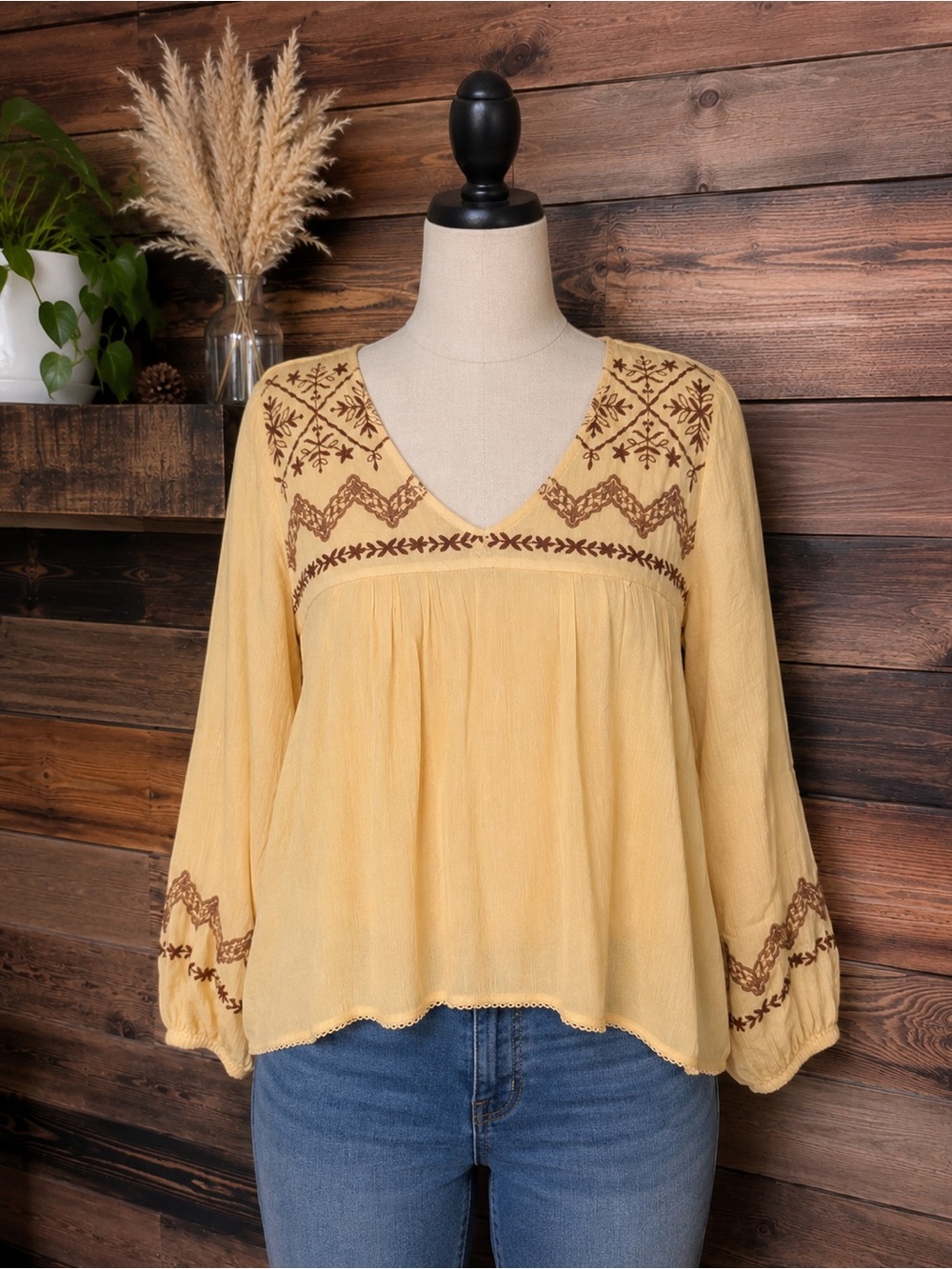Susan Graver Size Medium Yellow Embroidered Boho Blouse